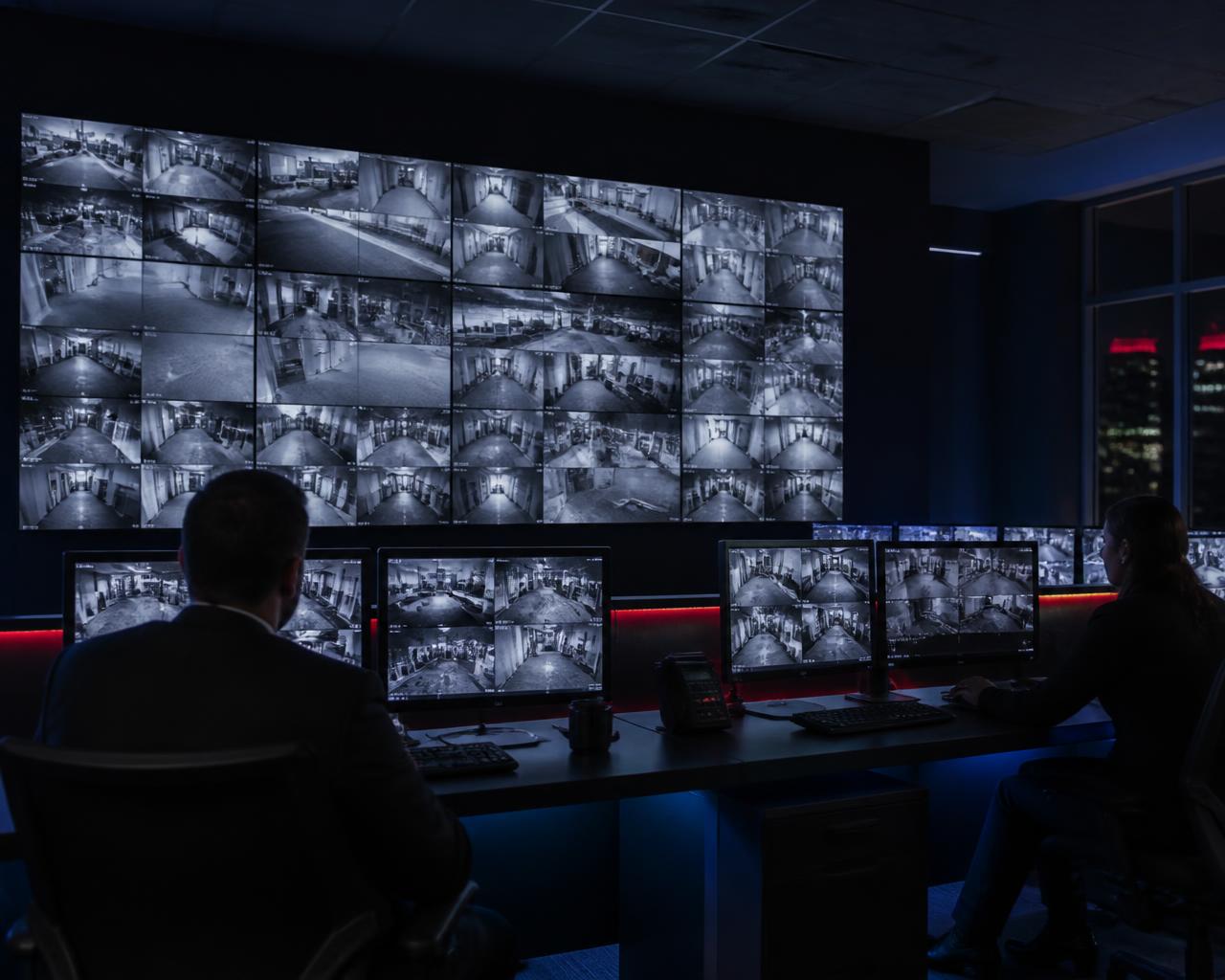 Security control room with a wall of live CCTV camera feeds