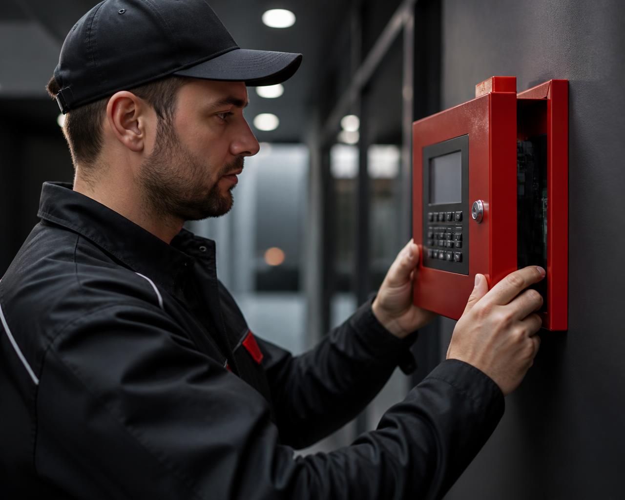 Engineer installing a commercial fire alarm control panel