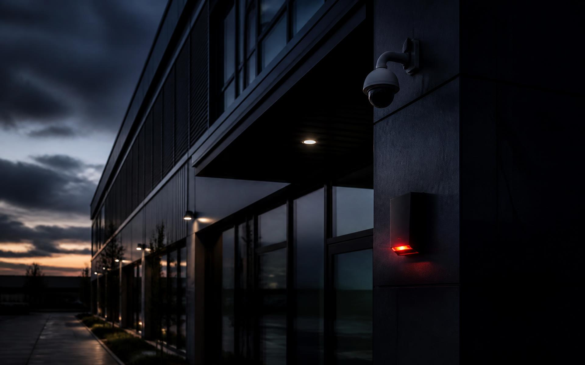 Modern commercial building at dusk protected by CCTV and fire detection systems