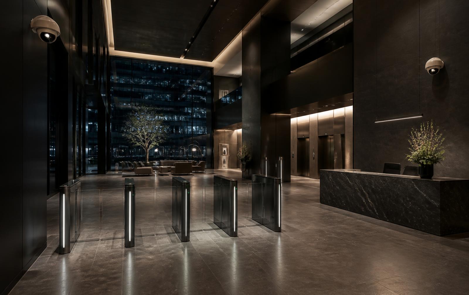 Commercial office lobby with access control turnstiles and dome CCTV cameras